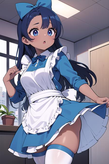 00680-1291892729-best quality, ultra-detailed, (1girl, solo,,aliceinwonderlandoutfit, big blue hair bow, waist apron ,white thighhighs, dark skin.png